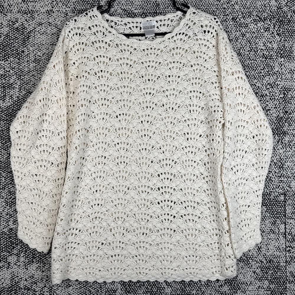 Moda International Crochet Knit‎ Silk Blend Sweater Womens Medium Fan Pattern